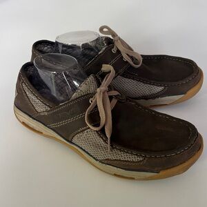 Teva Moc Toe Leather Boat Shoes in Brown, Spider Rubber, Lace Close Size 12